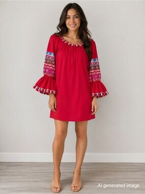 NWT Velzera Embroidered Tassel Beaded Red Peasant Dress Sz S 100% Cotton